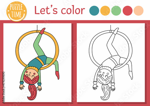 Circus coloring page for children with gymnast on a hoop. Vector amusement show outline illustration with cute stage performer. Color book for kids with colored example.