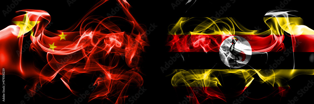 Flags of China, Chinese vs Uganda. Smoke flag placed side by side on black background.