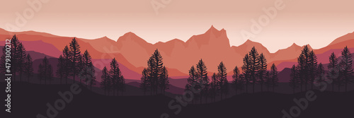 nature sunset at mountain landscape flat design vector illustration good for wallpaper, backdrop, background, web banner, and design template