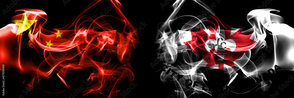 Fototapeta premium Flags of China, Chinese vs United States of America, America, US, USA, American, Little Canada, Minnesota. Smoke flag placed side by side on black background.