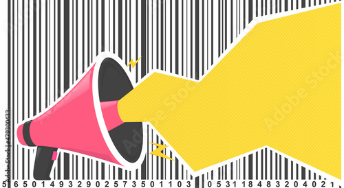 Loudspeaker with yellow text bubble and barcode. Megafon announcement for announcements, promotions, marketing.