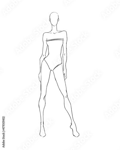 Sketch of the female body. Girl model. Front and back view. Female body template for drawing clothes. You can print and draw directly on the thumbnails. Fashion Illustration.