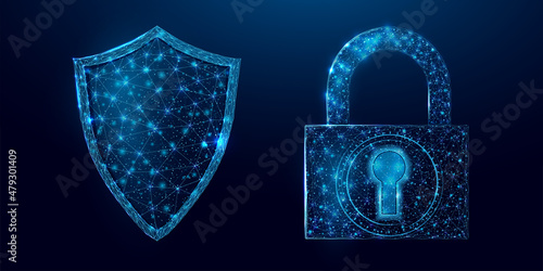 Guard shield and padlock. Cyber security concept with glowing low poly shield and lock on dark blue background. Wireframe low poly design. Abstract futuristic vector illustration