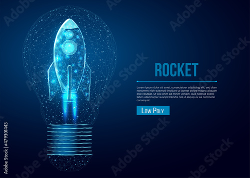 Rocket launch in lightbulb, wireframe polygonal style. Internet technology network, business startup concept with glowing low poly rocket. Futuristic modern abstract background. Vector illustration