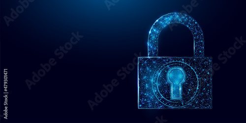 Padlock wireframe polygonal. Internet technology network, business idea concept with glowing low poly lock. Futuristic modern abstract. Isolated on dark blue background. Vector illustration