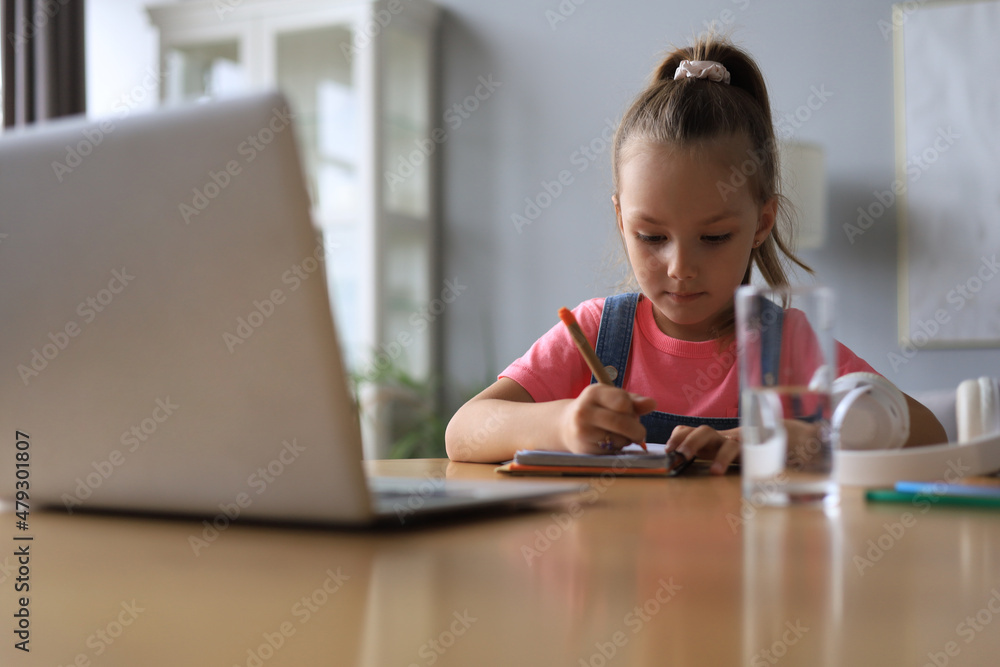 Distance learning. Cheerful little girl girl in headphones using laptop studying through online e-learning system. Distance learning. Cheerful little girl girl in headphones using laptop studying through online e-learning system.
