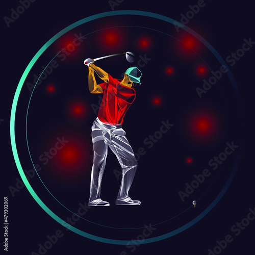 The line art of a golf athlete about to hit the ball. Tiger woods on action.