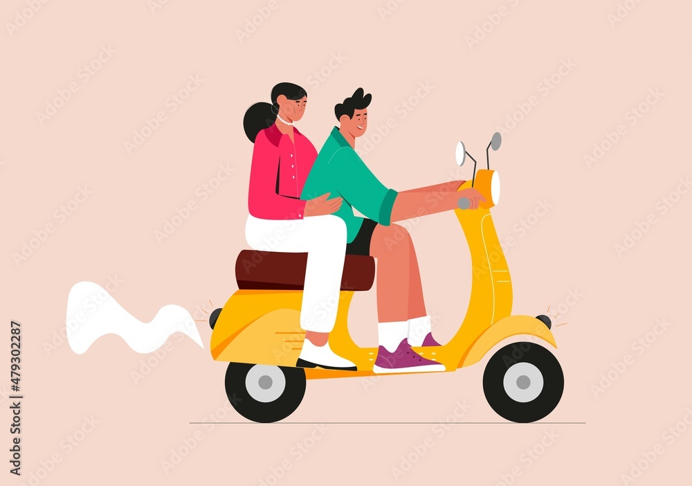 Young couple girl and a guy having fun riding a vintage scooter. Flat vector illustration.