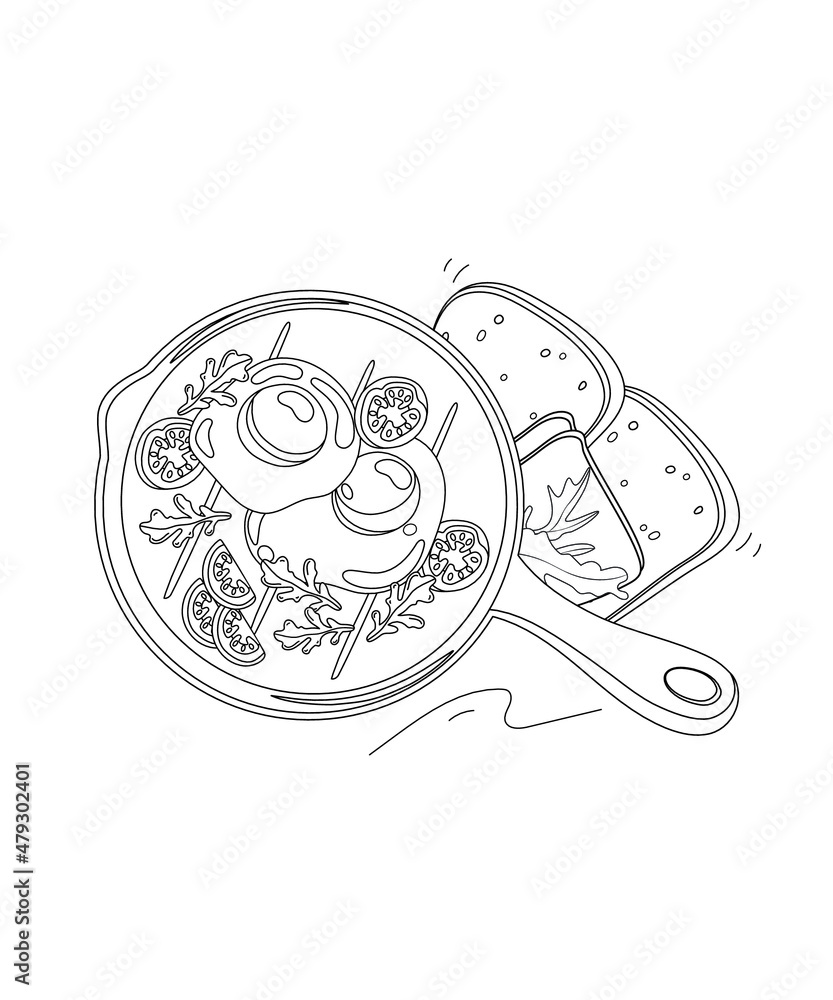 Breakfast set, fried eggs with bread outline for coloring book