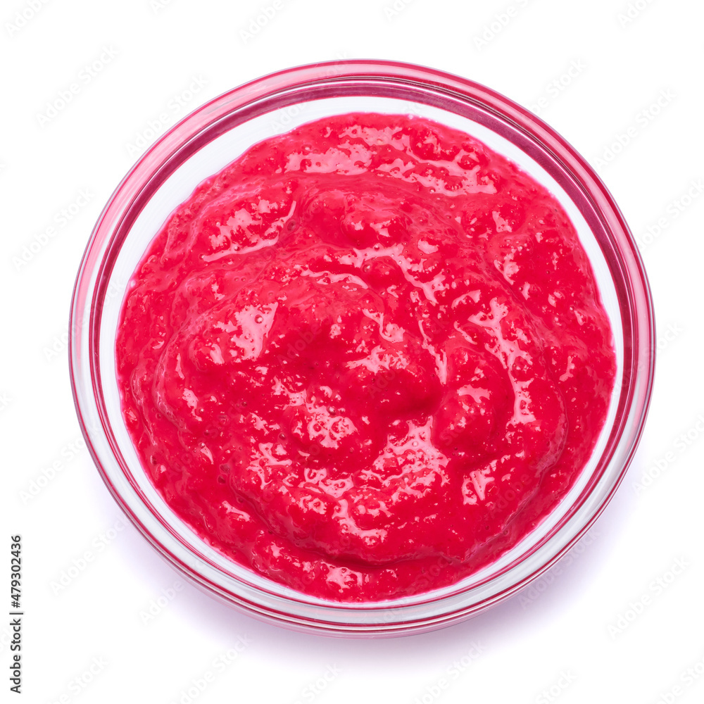 Horseradish red sauce in glass bowl isolated on white