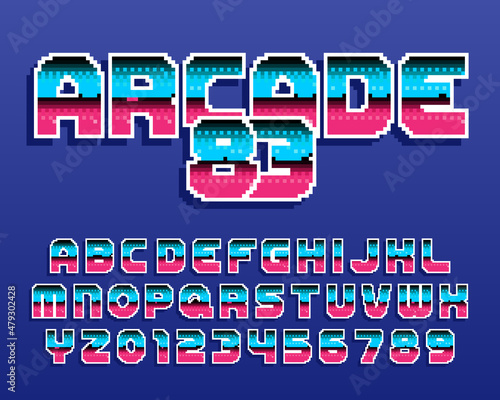 Arcade 83 alphabet font. Digital letters and numbers. 80s arcade video game typescript.