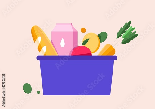 Plastic basket with bread, milk fruits and vegetables. Flat vector illustration