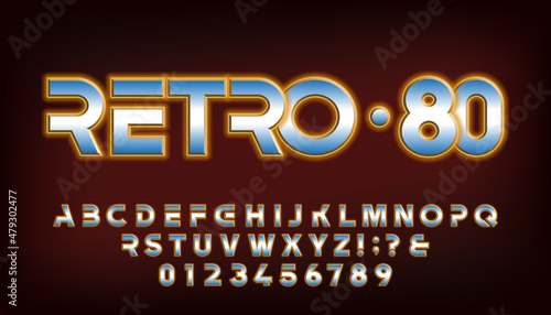 Retro-80 alphabet font. Neon glowing letters and numbers. Stock vector typescript for your typography in retro 80s style.