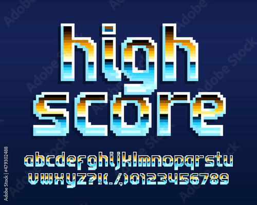 High Score alphabet font. Pixel letters and numbers. 80s arcade video game typeface.