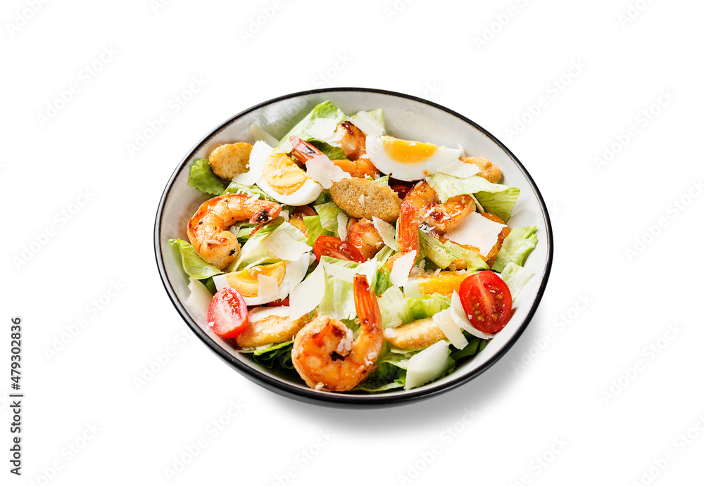 Fresh Shrimp Caesar Salad with parmesan cheese and Croutons. Isolated on white background Fresh Shrimp Caesar Salad with parmesan cheese and Croutons. Isolated on white background