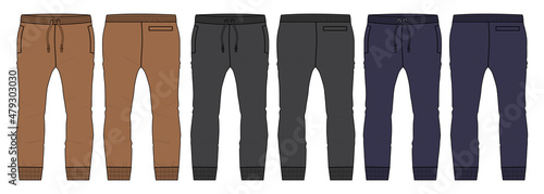 Khaki, Navy, Black color Set of collection Basic Sweat pant technical fashion flat sketch template . Apparel Fleece Cotton jogger pants vector illustration drawing mock up for kids and boys. 