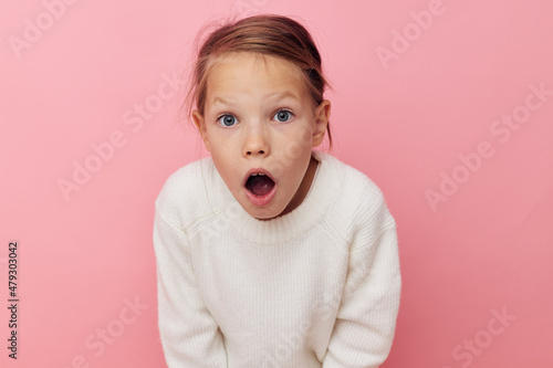 pretty young girl gesture hands emotions grimace isolated background