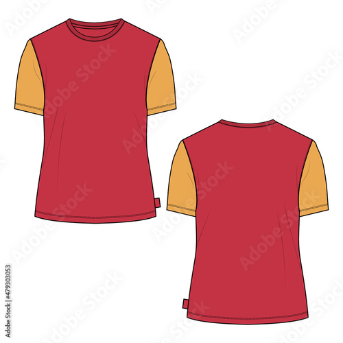Two tone Red, yellow Color Regular fit Short sleeve with round style bottom T-shirt tops Technical fashion Flat sketch template for Ladies and baby girls Isolated On white Background.