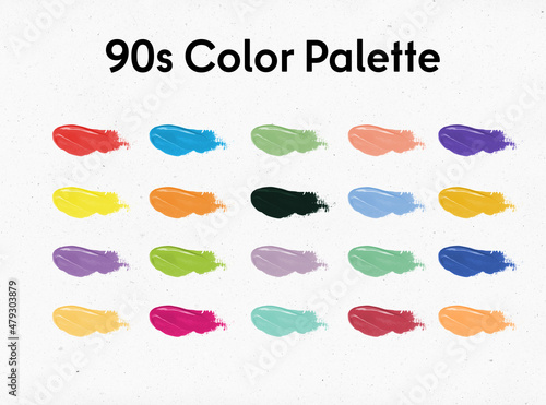 Retro1990s - inspired vintage color palettes, collection of 20 swatches. Authentic trendy color of 90s.