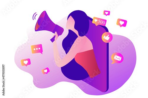 Beautiful woman shouting in loud speaker with social media icons. Influencer social media marketing, blogger, vlogging, social influencer and influencer marketing concept vector illustration