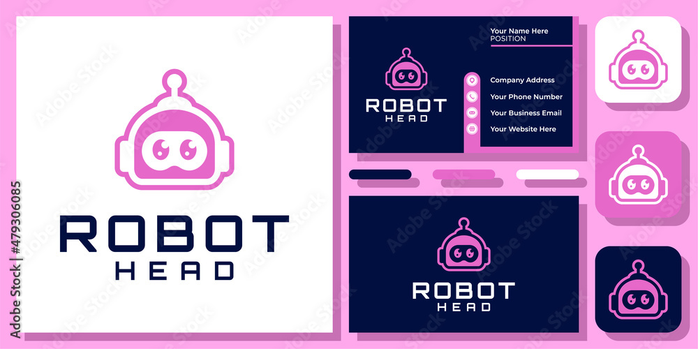 Head Robot Bot Cyborg Machine Smart Artificial Intelligence Logo Design with Business Card Template
