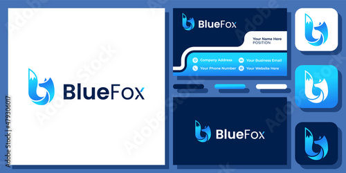 Circle Fox Wolf Animal Wildlife Foxy Wild Tail Modern Simple Logo Design with Business Card Template