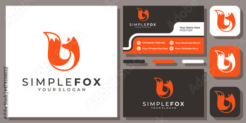Circle Fox Wolf Animal Wildlife Foxy Wild Tail Modern Simple Logo Design with Business Card Template