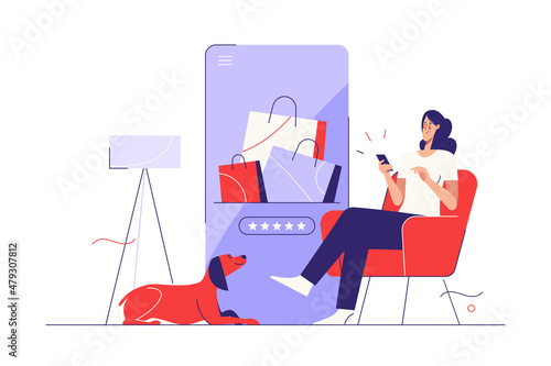 Vector illustration on the subject of online shopping, goods rating, postive feedback. Editable stroke