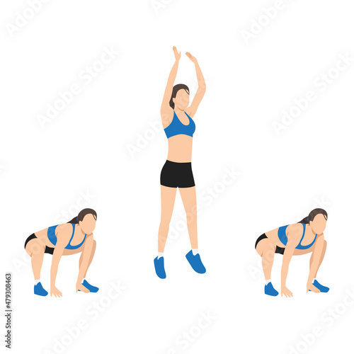 Woman doing Frog jumps exercise. Flat vector illustration isolated on white background