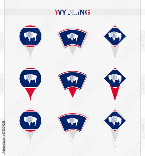 Wyoming flag, set of location pin icons of Wyoming flag.