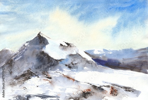 snow covered mountains. Watercolour artwork
