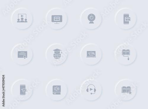 e learning gray vector icons on round rubber buttons. e learning icon set for web, mobile apps, ui design and promo business polygraphy