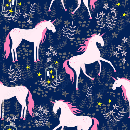 Cute pink unicorns, plants and stars. Children's pattern design.