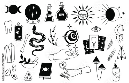 Black and white set of esoteric elements. Divination, tarot, runes, book of shadows, moon,  , snake, potions, crystals, candle.  Magic elements for prints, sticker, posters and patterns.