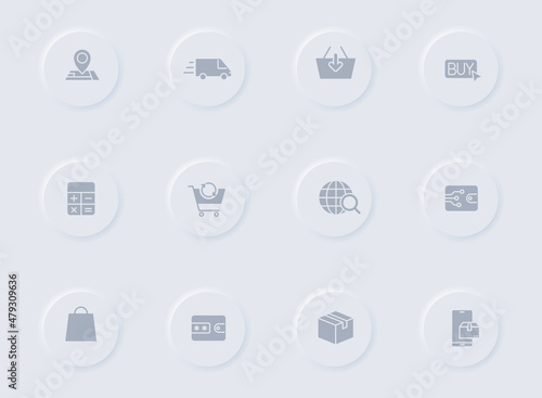 e shopping gray vector icons on round rubber buttons. e shopping icon set for web, mobile apps, ui design and promo business polygraphy