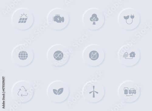eco gray vector icons on round rubber buttons. ecology icon set for web, mobile apps, ui design and promo business polygraphy