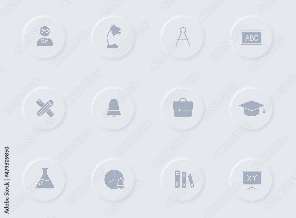 education gray vector icons on round rubber buttons. education icon set for web, mobile apps, ui design and promo business polygraphy