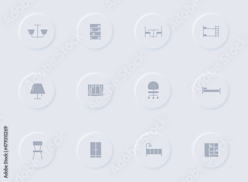 furniture gray vector icons on round rubber buttons. furniture icon set for web, mobile apps, ui design and promo business polygraphy