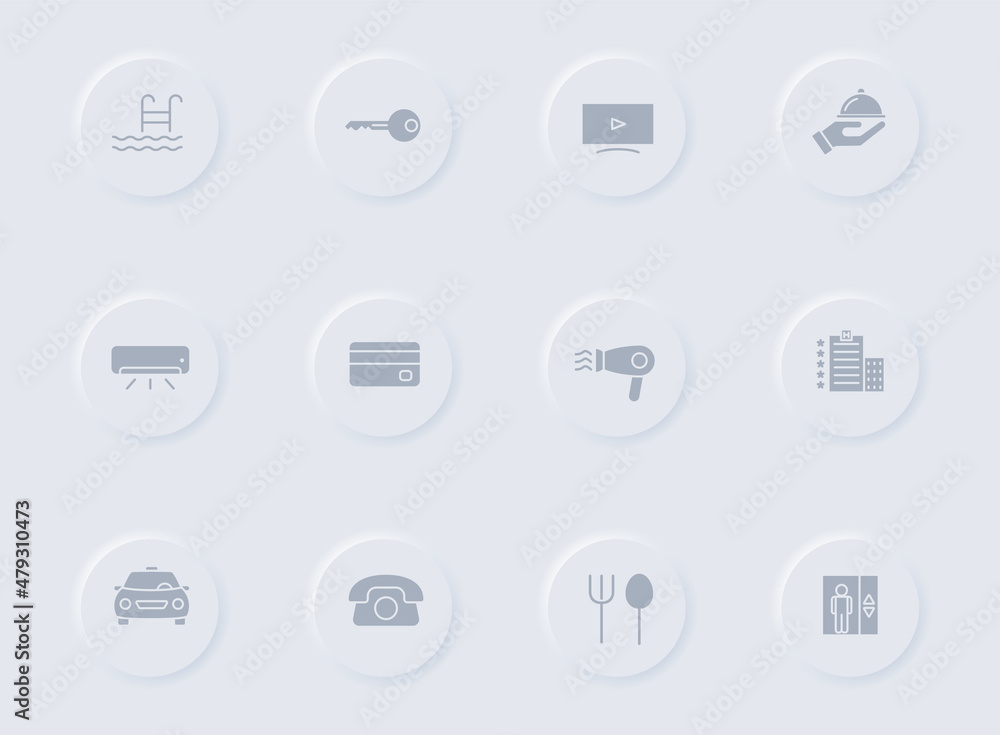 hotel gray vector icons on round rubber buttons. hotel icon set for web, mobile apps, ui design and promo business polygraphy hotel gray vector icons on round rubber buttons. hotel icon set for web, mobile apps, ui design and promo business polygraphy
