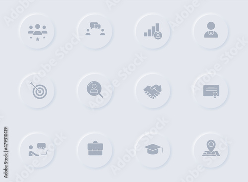 headhunting gray vector icons on round rubber buttons. headhunting icon set for web, mobile apps, ui design and promo business polygraphy