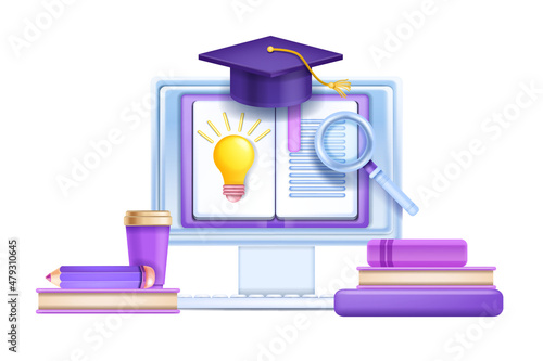 3D online school illustration, technology digital education vector concept, university web courses. Computer screen, internet library book, graduation cap, magnifier glass. 3D distant remote education