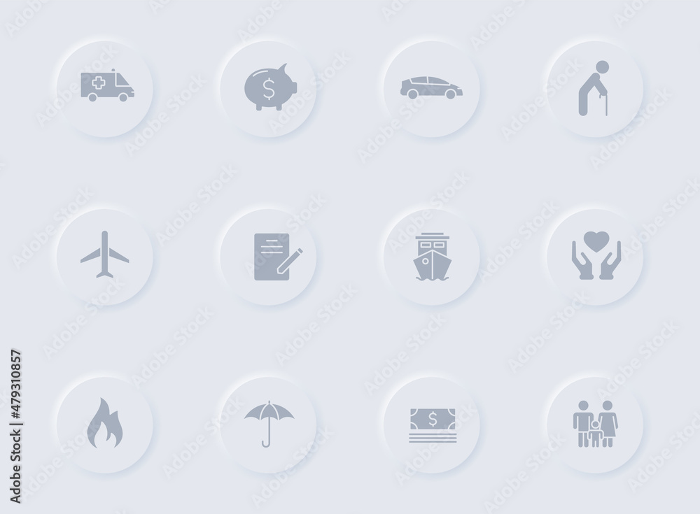 insurance gray vector icons on round rubber buttons. insurance icon set for web, mobile apps, ui design and promo business polygraphy insurance gray vector icons on round rubber buttons. insurance icon set for web, mobile apps, ui design and promo business polygraphy