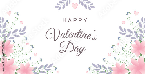 Happy valentine's day greeting card with flowers and hearts. Perfect for greeting cards, websites, banners or tags. Floral illustration