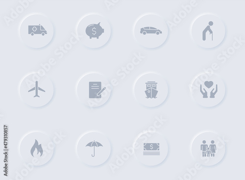 insurance gray vector icons on round rubber buttons. insurance icon set for web, mobile apps, ui design and promo business polygraphy