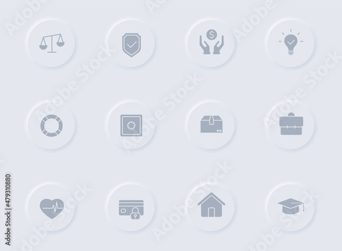 insurance gray vector icons on round rubber buttons. insurance icon set for web, mobile apps, ui design and promo business polygraphy
