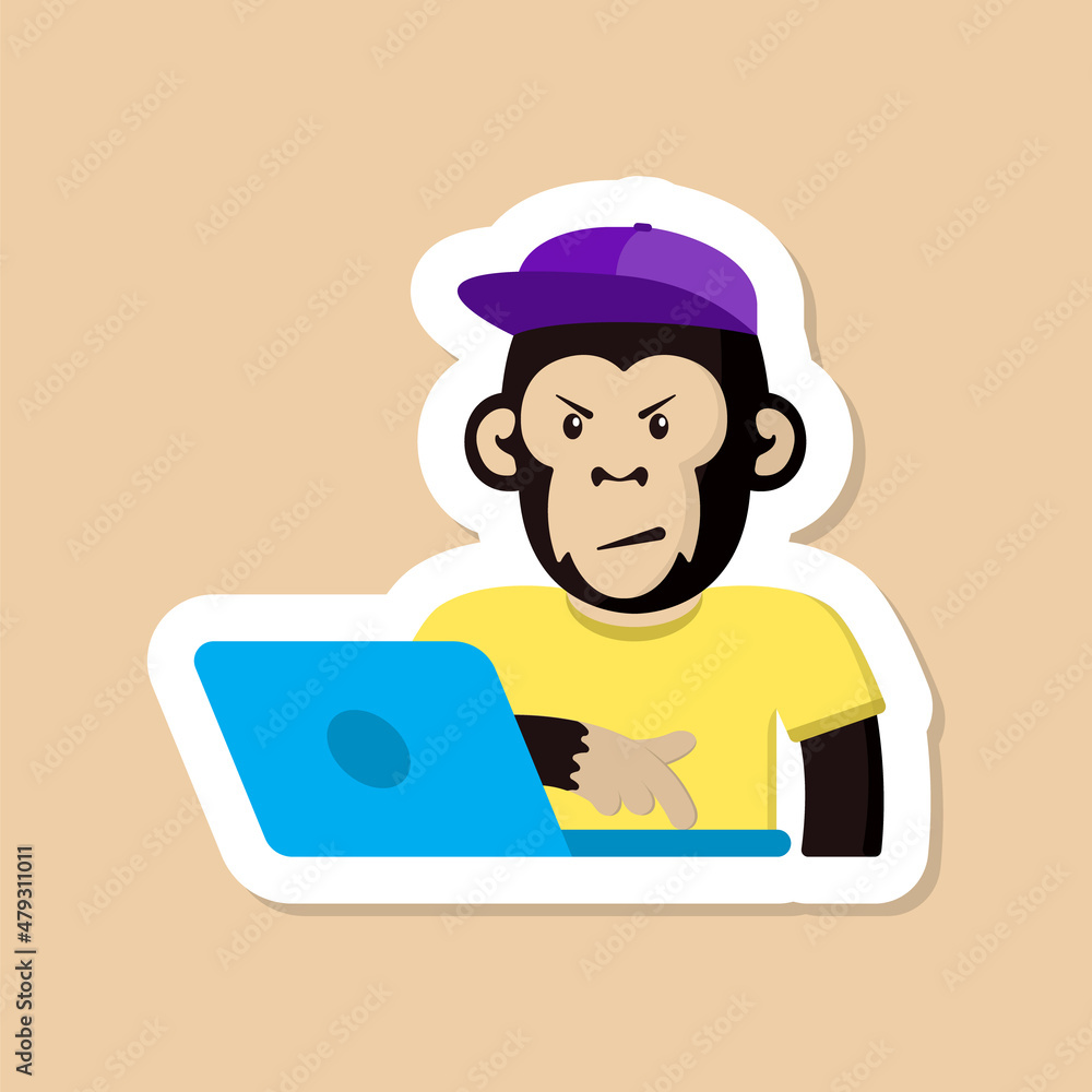 monkey color vector sticker. monkey in purple cap and yellow t shirt lokking at laptop with angry face cartoon sticker with white stroke isolated on beige background. monkey cartoon sticker