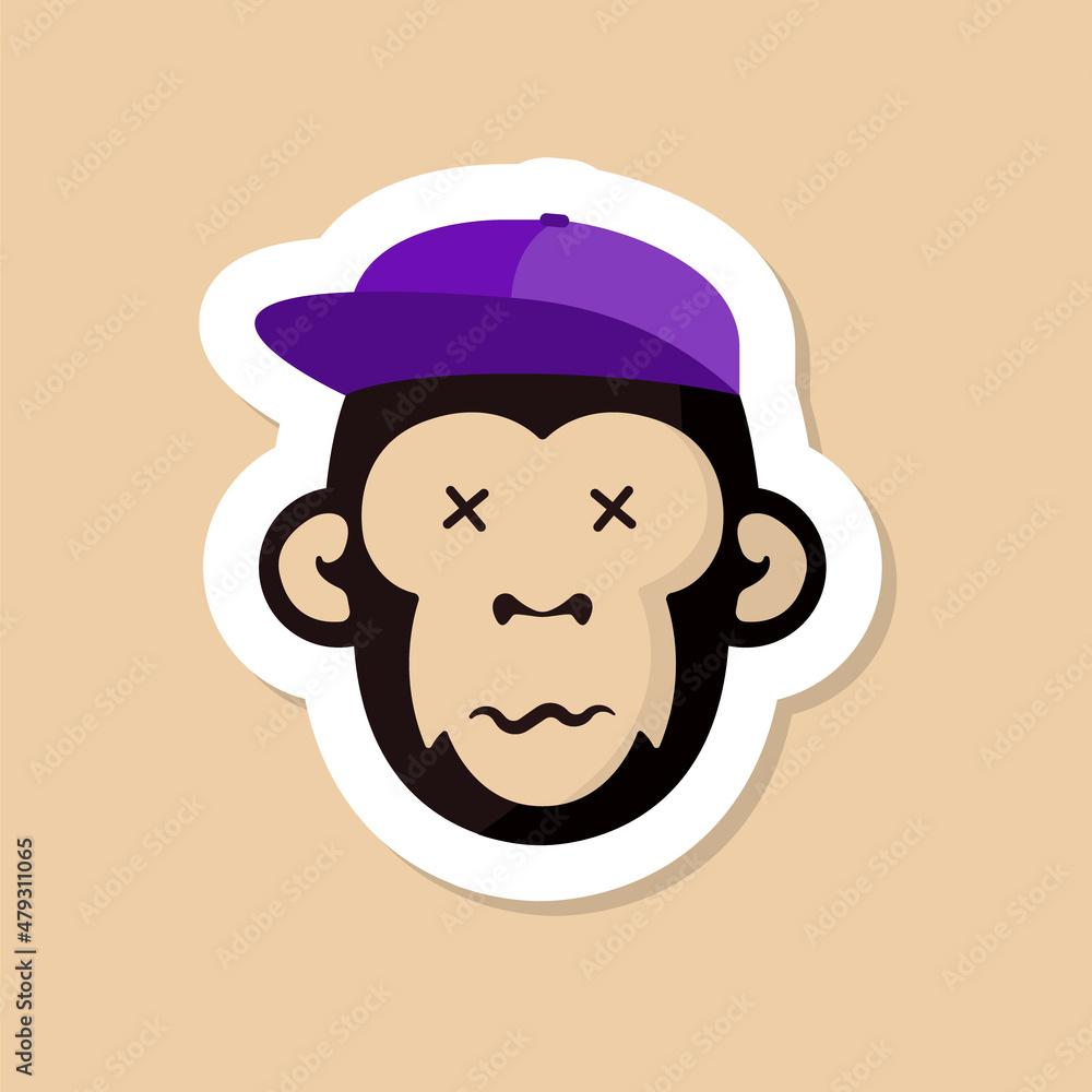 dead monkey color vector sticker. dead monkey in purple cap and yellow t shirt cartoon sticker with white stroke isolated on beige background. dead monkey cartoon sticker for your business