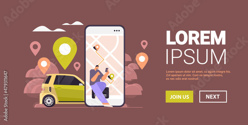 businesswoman ordering car in mobile application transportation carsharing service carpooling concept