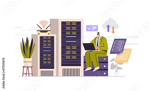 businessman working in data center room hosting server computer monitoring information database concept