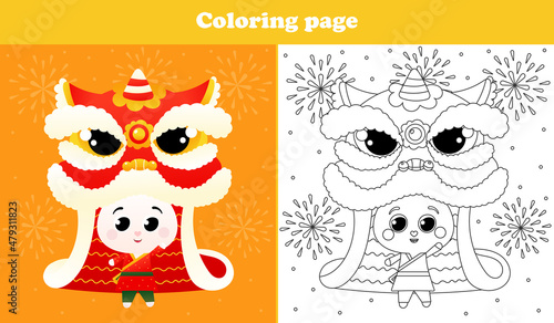Printable coloring page for kids with cute rabbit in chinese traditional costume, lion dance and fireworks festival, happy new year worksheet in cartoon style